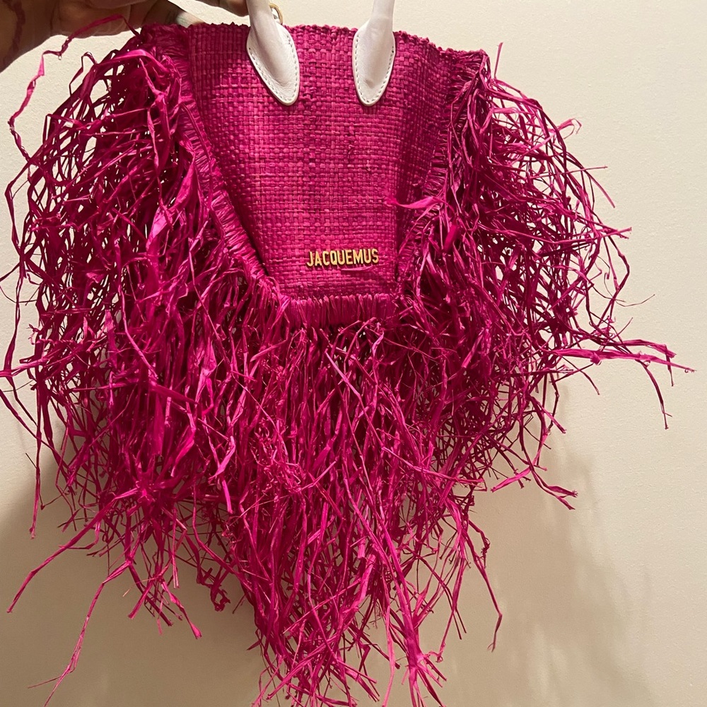 Jacquemus Le Petit Baci Fringed Pink & White Straw crossbody bag
